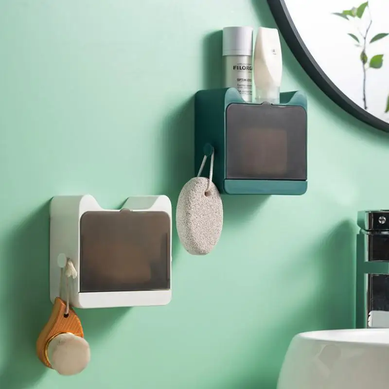 

Bathroom Soap Box Holder with Drain board for Sunction Wall Amount Hanging Punch Free Toilet Sponge Organizer Shelf