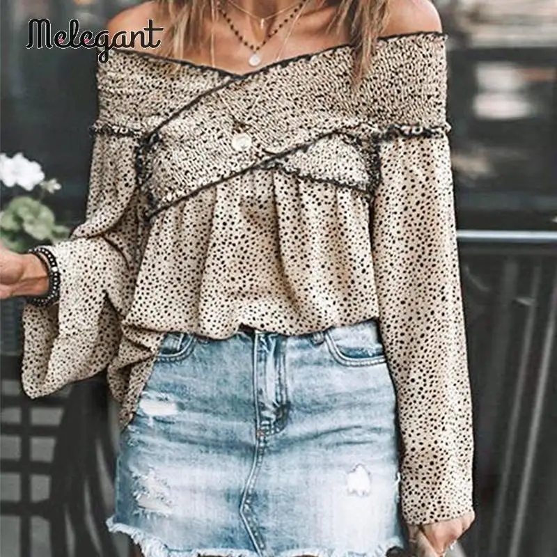 Melegant Sexy Off Shoulder Leopard Shirt Winter Female Flare Sleeve Fashion Women Tops and Blouses Plus Size Ladies blouse Mujer | Женская