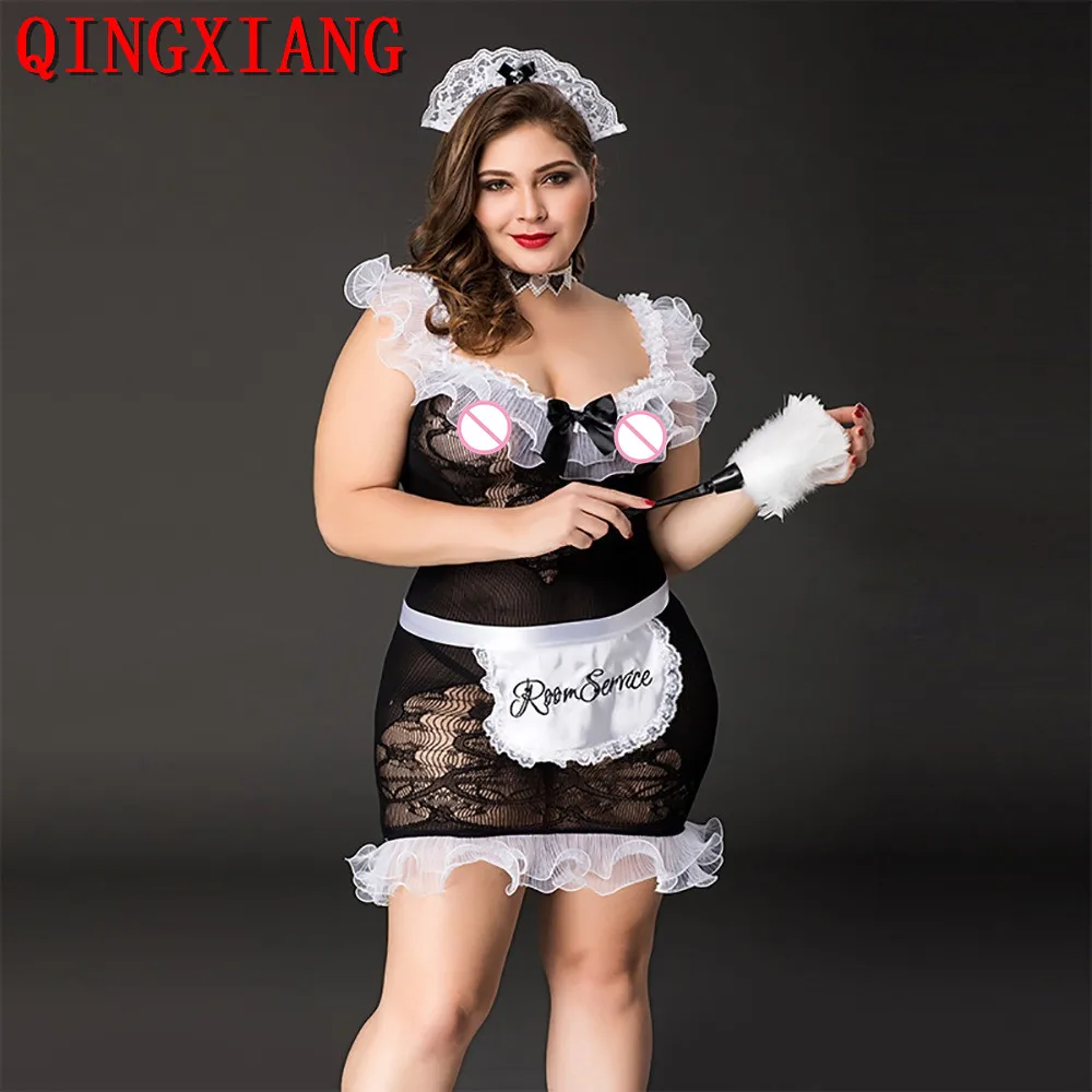 

Plus Size 2020 Black With White Brazilian Female Servant Sexy Lace Pinafore Dress 6 Pieces Maid Costumes Role-Playing Empregada