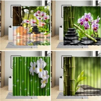 3d zen bathroom curtain green bamboo flower buddha stone leaf polyester home decorative bathtub hanging curtains sets with hooks