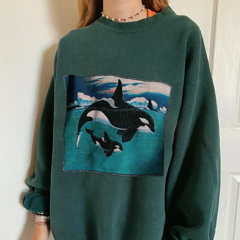 

Street Fashion Whale Print Pullovers Women Spring Autumn Indie Y2k O Neck Long Sleeve Loose Sweatshirts 2021 New Vintage Tops