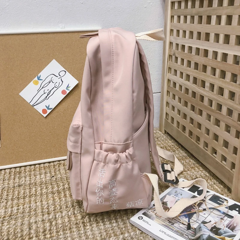 Pink Backpack Waterproof Nylon Women Travel Backpacks Solid Japanese style School Bag for Teenage Girls With Chinese characters | Багаж и