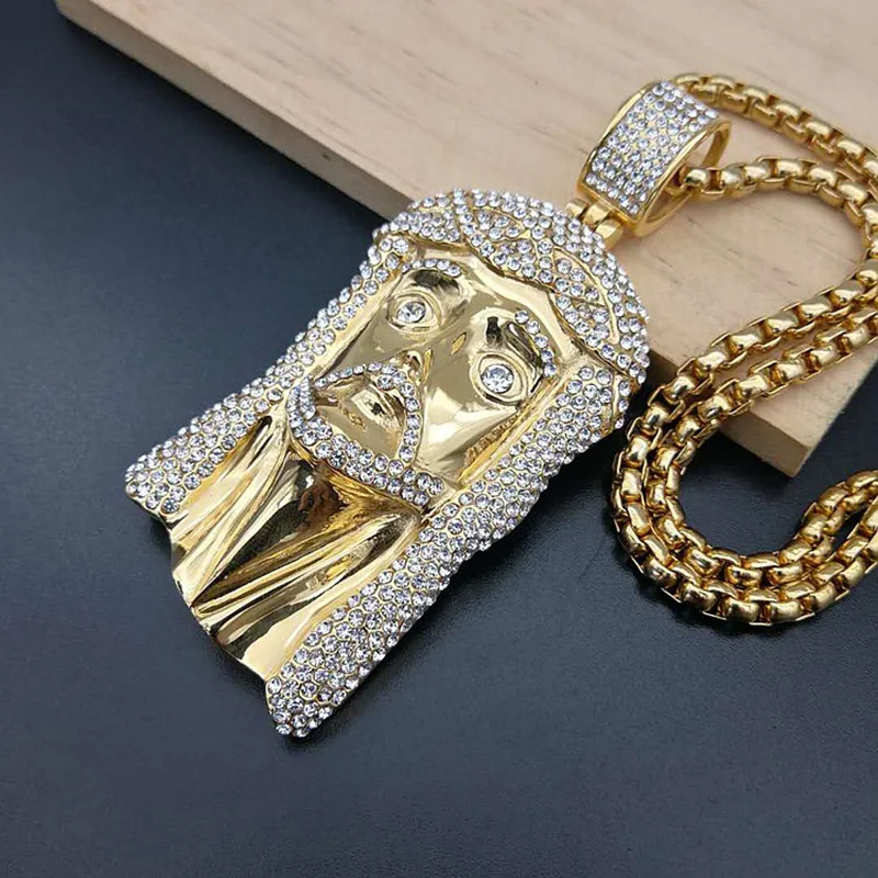 

Hip Hop Rhinestones Paved Bling Iced Out Gold Color Stainless Steel Jesus Piece Pendants Necklace for Men Rapper Jewelry