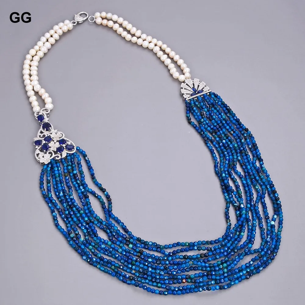 GG ювелирные изделия 31 &quotбелый жемчуг синий агат ожерелье CZ кулон|blue necklace|cz pendantpearl