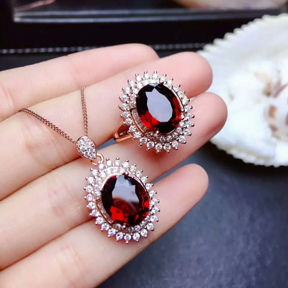 

[MeiBaPJ Fine Quality Natural Mozambiqu Garnet Gemstone Trendy Jewelry set for Women Real 925 Sterling Silver Charm Fine Jewelry