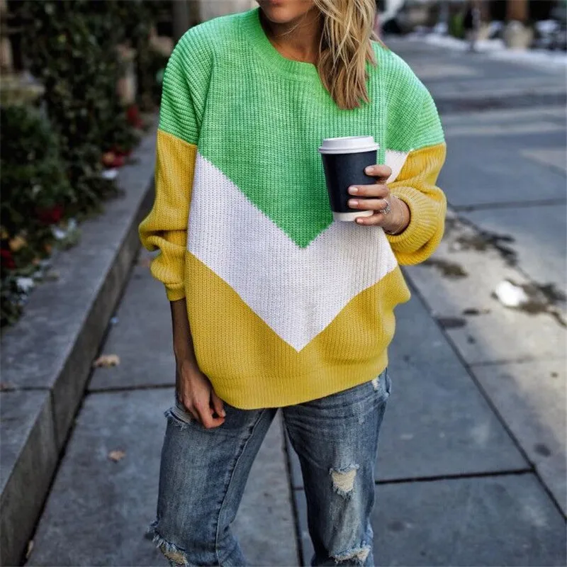 

2021 Autumn Winter Color Block Casual Sweater New Loose Knitted Sweater Women Jumpers Long Sleeve o-neck Woman Pullovers Sweater