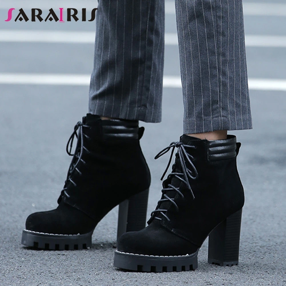 

Sarairis New Fashion Female 2020 Elegant Boots Ankle Boots Women Platform Round Toe Square High Heels Cross Tied Shoes Woman