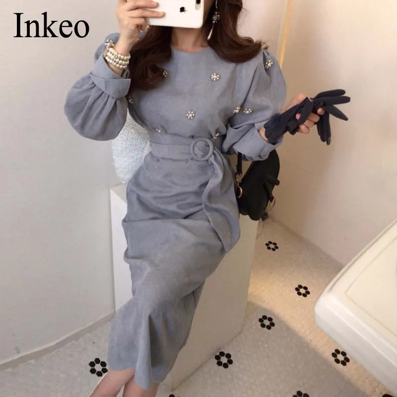 

Vintage Women O-neck Puff sleeve Midi dress Beading With belt Female Elegant Dresses Ladies Pencil Dress 2020 Spring INKEO 9D070