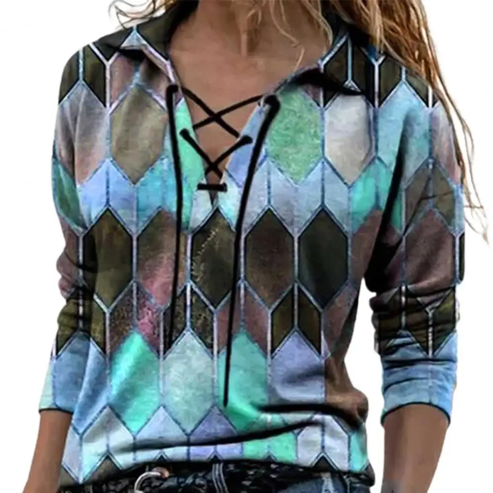 

Casual Elegant Shirt Women Summer Shirt Loose Zipper Geometry Printing V-neck Long Sleeve Blouse Tops Blusas Mujer