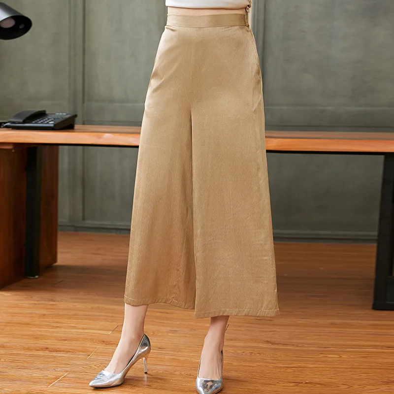 

Женские брюки с широкими штанинами, офисные брюки до щиколотки из 100% натурального шелка и крепа с высокой талией, лето 2021
