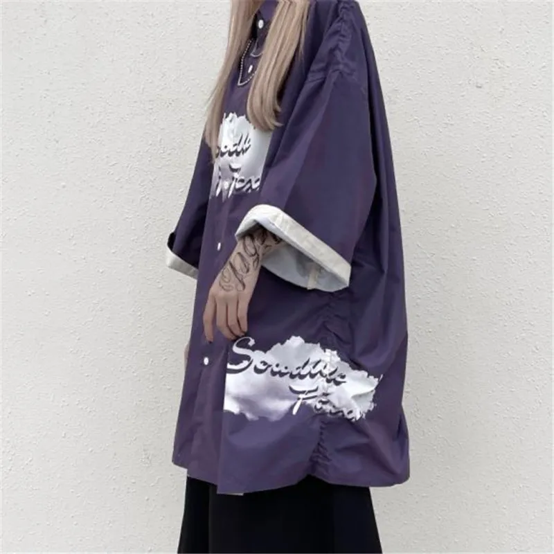 

Summer New Female Retro Straight Loose Wild Cloud Letter Printing Street Oversize Pleated Shirt