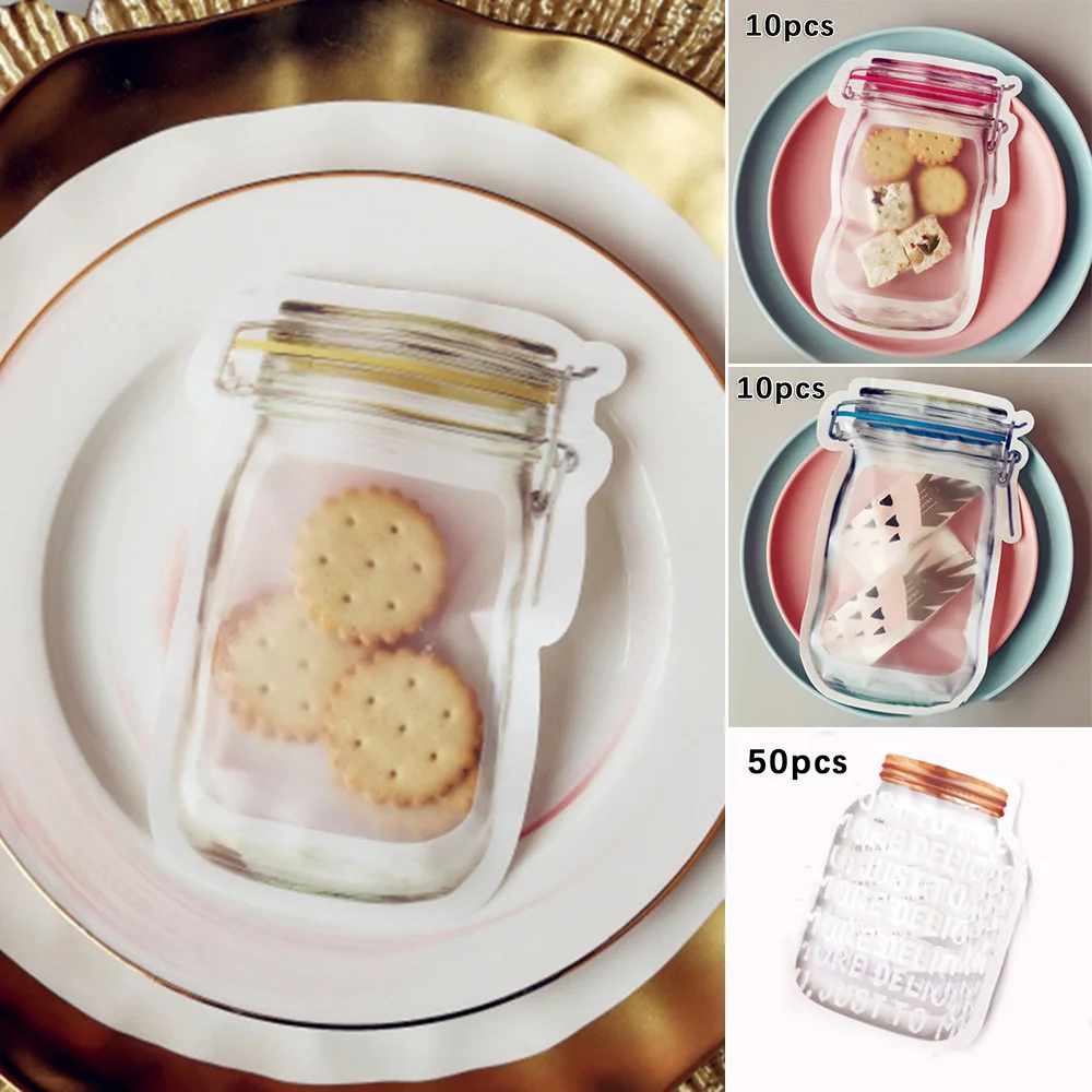 

10Pcs Jar Shape Zipper Bags Food Storage Snack Sandwich Ziplock Reusable Seal For Keeping Food Fresh