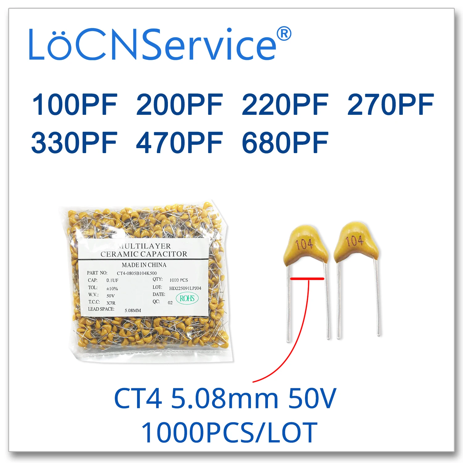 LoCNService CT4 5 08 мм 1000 шт. 50 в 10% 100PF 200PF 220PF 270PF 330PF 470PF 680PF Монолитные керамические