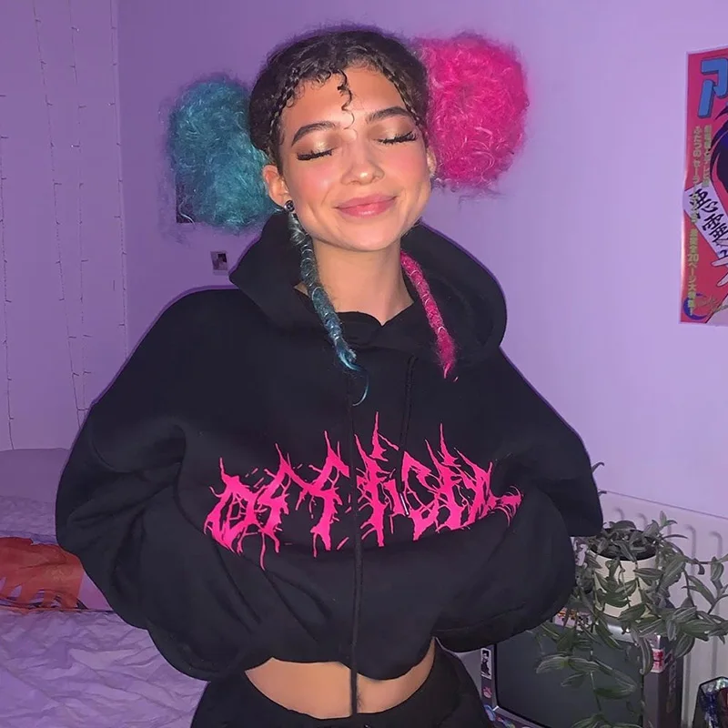 

Instunning Oversized Hoodies Streetwear Harajuku Print Black Hooded Women Punk Pullover Autumn Winter Loose Tops Gothic Hoodies