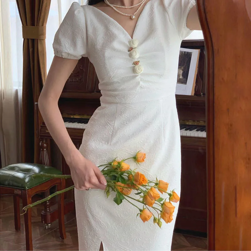 

V-neck White Elegant Dress Women Short Sleeve Sexy Slim Dress Female Evening Party One Piece Dress Korean 2021 Summer Chic