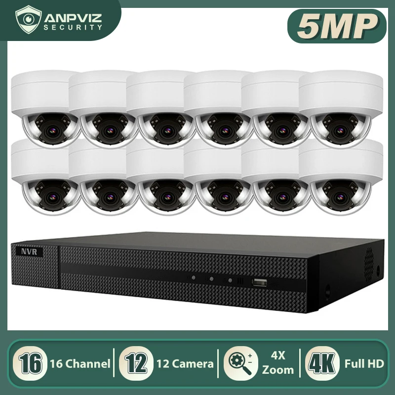 Купольная камера видеонаблюдения Anpviz 16 каналов 4K NVR 5 Мп аудио/4X оптическая POE IP