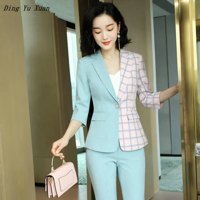 

Ladies Patchwork Office Wears Pants Suites for Women plus size elegant plaid short sleeve blazer Pants 2piece Set Plus Size 4XL