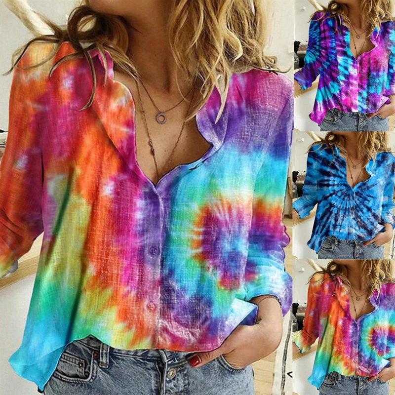 

Women's Blouses Print Tunic Turn Down Neck Long Sleeve Loose Shirts Spring Autumn Tops Casual Colorful Shirt Plus Size S-5XL