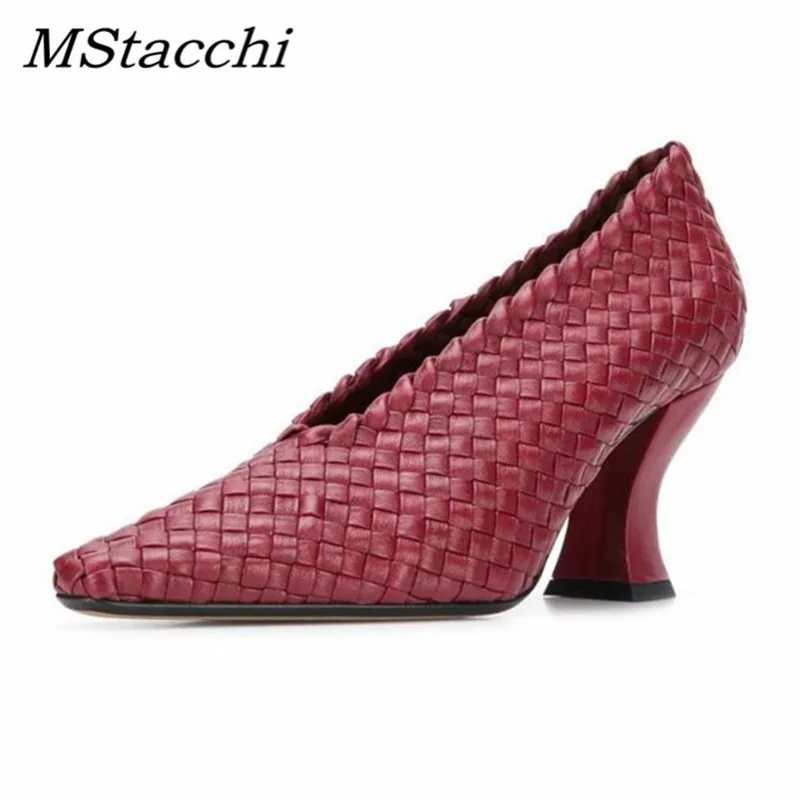 

Spring Single Shoes Handmade Braid Leather Women Pumps Shallow Pointy Toe High Heels Runway Strange Chunky Heel Ladies Shoes