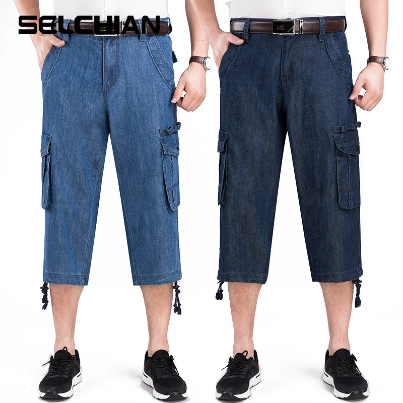 

NEW Jeans Shorts Men's Summer Breeches Multi Side Pocket Casual Bermuda Male Straight Long Blue Denim Loose Cargo Shorts Men