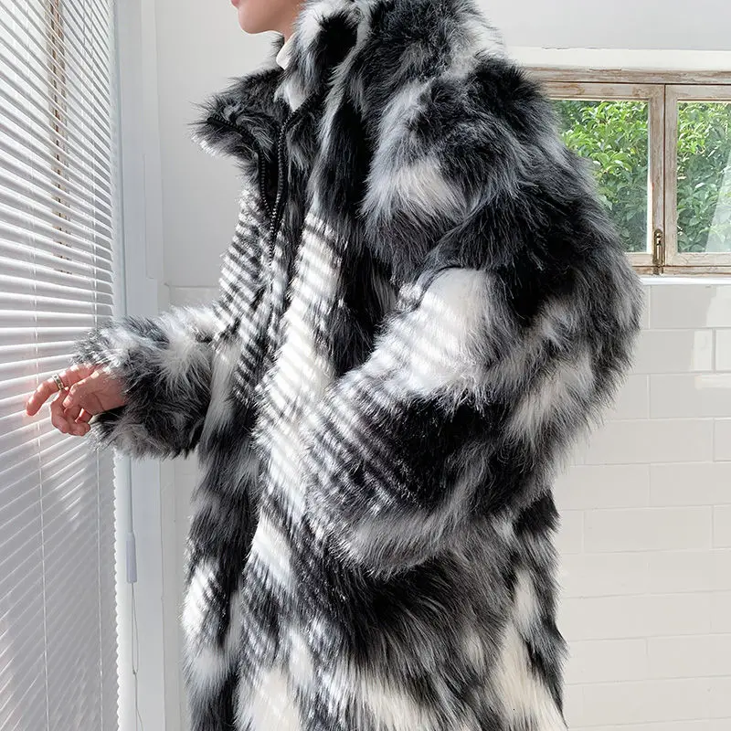 Fox Fur Men's Wear Trendy Long Over-the-knee Faux Fur Cotton Jacket Warmth Thick Windproof Cloak Hip-hop Imitation Casual Jacket