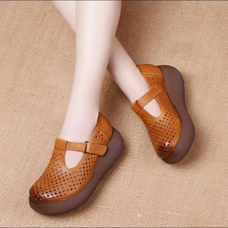 Women Flat Platform Shoes Wedges Ladies Shoes 2020 Summer Hollow Style Sandals Handmade Genuine Leather Comfortable Casual Shoes