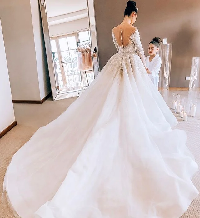 Pearls Beaded Detachable Wedding Dresses Mermaid Luxury Arabic Dubai Long Sleeves Bridal Gowns Vestido De Noiva Brautkleider