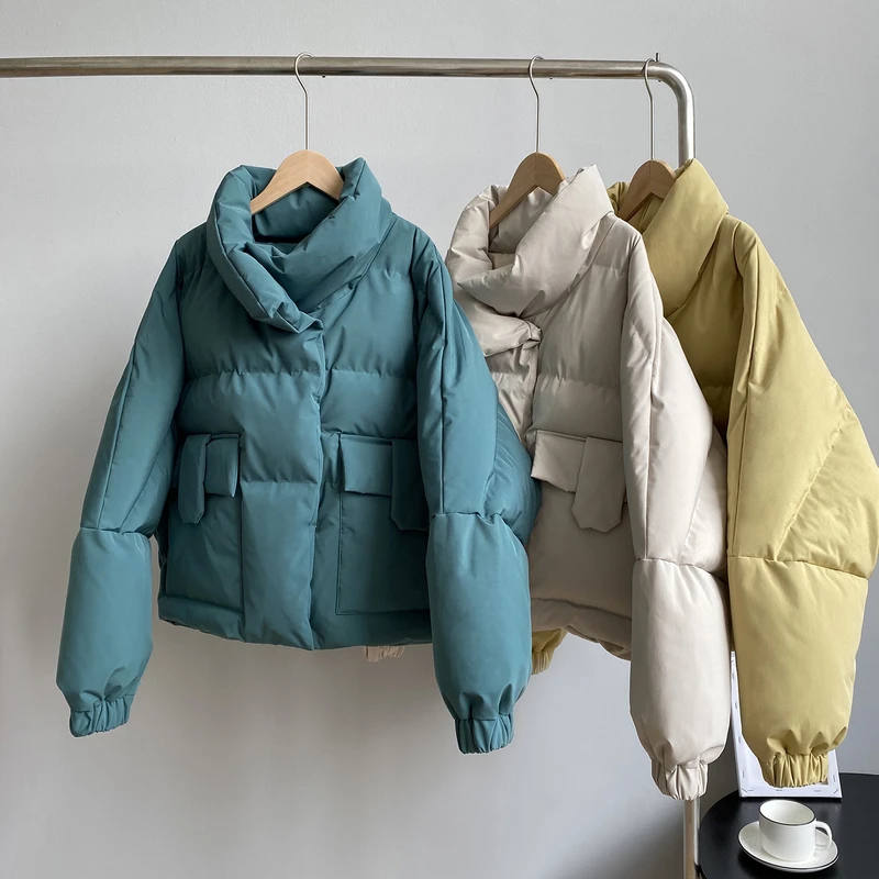 

Autumn/winter series solid down jacket for women's wear warm thick stand-up collar in pure color short cotton-padded coat jacket