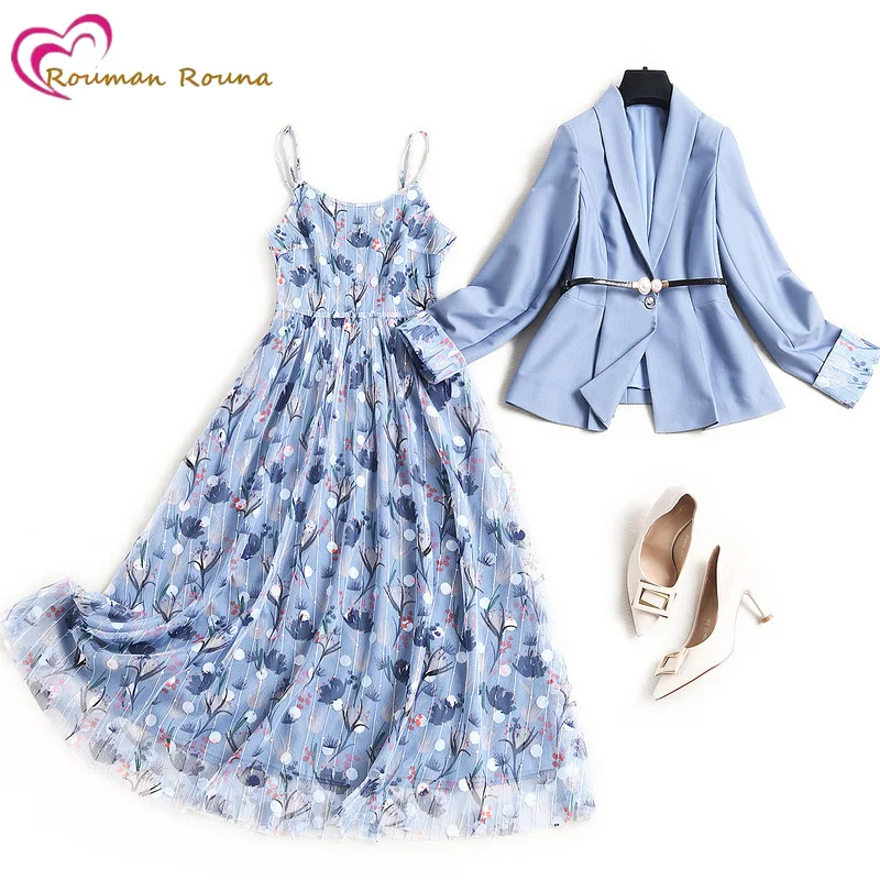 

Small suit coat floral suspender skirt suit 2021 autumn new bead mesh dress