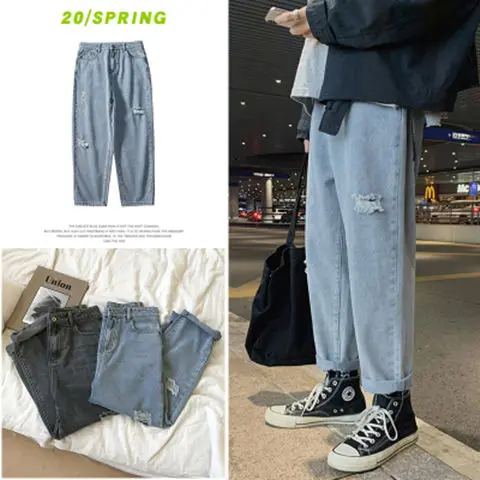 Jeans Ripped Mens Pants Straight Loose Capri-Pants Korean Blue Jeans Casual Male Hiphop Fashion Streetwear Distressed Jeans
