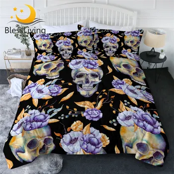 BlessLiving Skull Quilt Set Purple Flower Comforter Floral Blanket Throw Gothic Bedspread Yellow Leaf Housse De Couette 3pcs 1