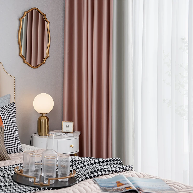 

Custom curtain Nordic Simplicity Color romantic stitching pink Satin livingroom shading bedroom blackout curtain drape M900