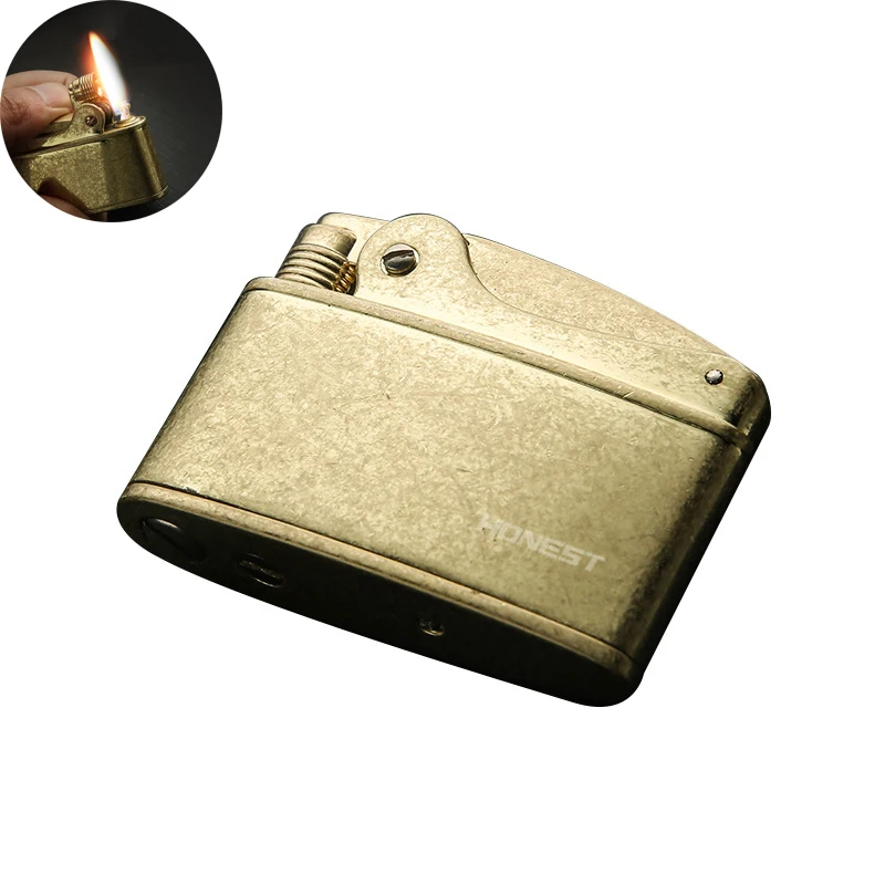 

Retro Gasoline Flint Lighter Firewheel Trenches Pure Copper Cigarette Petrol Lighter Free Fire Inflated Metal Gadgets For Men