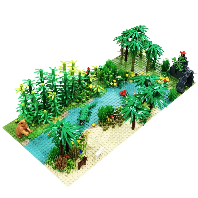 

Tropical Rain Forests 32*32 Baseplate Scene River Animal Green Grass Flower Plants Building Blocks DIY Assemble Bricks Toys Kid