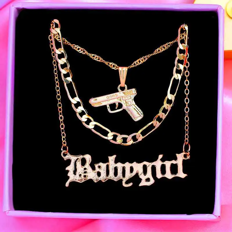 

Vintage Layered Babygirl Alpahbet Pendant Neck Necklace For Women Gold Color Punk Pistol Gun Choker Necklaces Trendy Jewelry