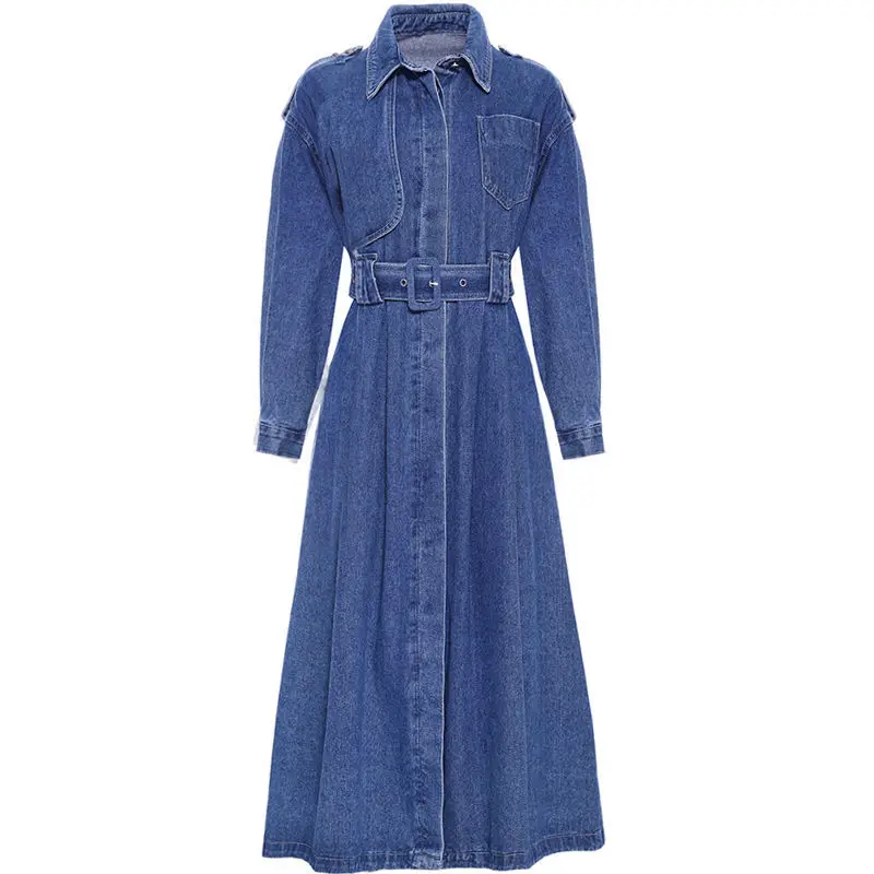 

Long sleeve denim dress women's spring and autumn 2021 new Korean version of loose waist knee retro French dress