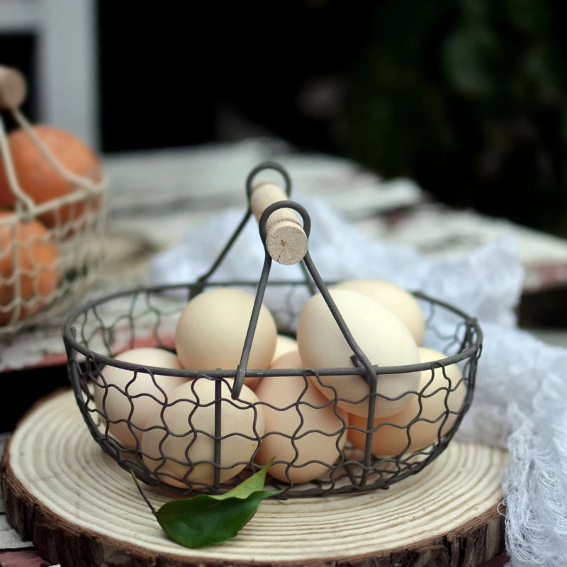 Wooden Handle Metal Retro Basket Portable Multi-Function Vegetable Fruit Egg Groceries Practical Storage Organizer Black | Дом и сад
