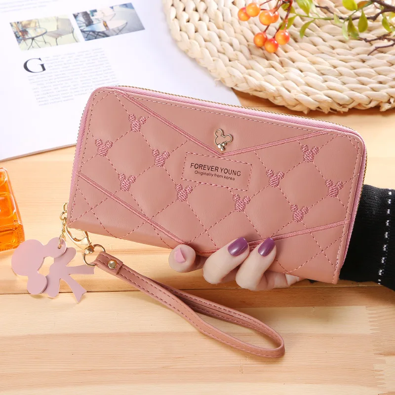 

Disney Mickey Minnie Cartoon Embroidery Women's Wallet Long Zipper Large Capacity Female Wallet PU Fashion Clutch Women Purse
