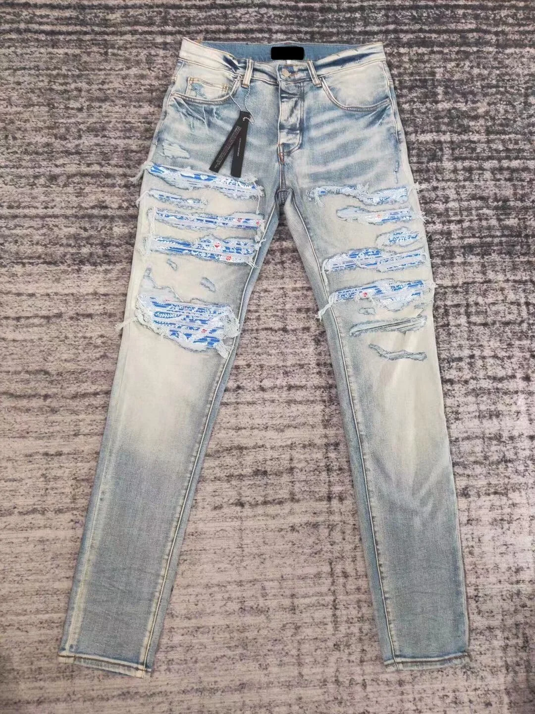 

AMR New style wash blue hole do old cashew flower stretch slim jeans men's high street fashion brand