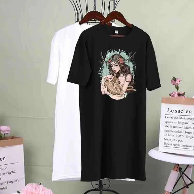 

Summer Plus Size Loose Dresses Kawaii Girl and Deer Print O-Neck Short Sleeve Women Harajuku Mini Dress Casual Party Vestidos