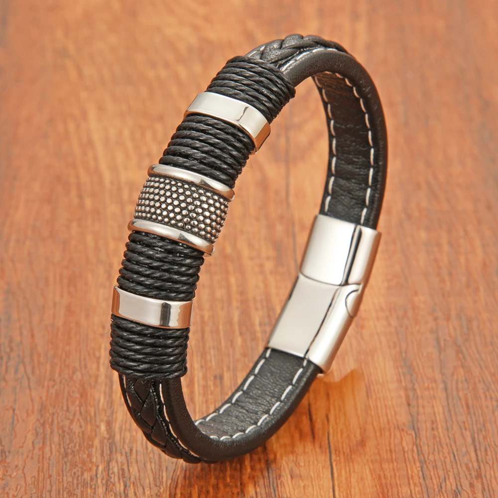 

Punk Style Men's Fashion Black Woven Leather Rope Creative Bracelet Stainless Steel Magnetic Bangle Jewelry Boyfriend Gift