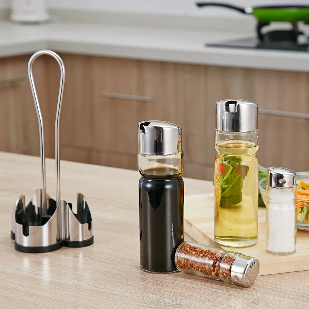 

Kitchen Seasoning Bottle Set Condiment Holder Seasoning Rack 4 In 1 Oil Vinegar Dispensers Salt Pepper Shakers Glass Cruet Set
