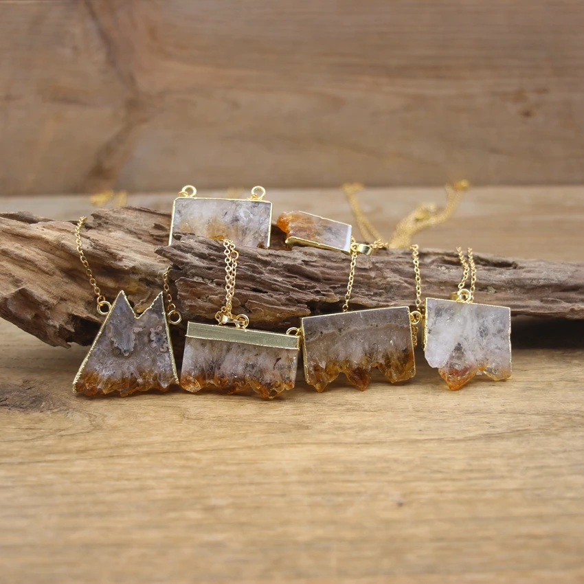

Golden Chains Natural Citrines Geode Druzy Pendants,Healing Crystal Raw Quartz Drusy Slice Charms Necklace Women Jewelry,QC3096