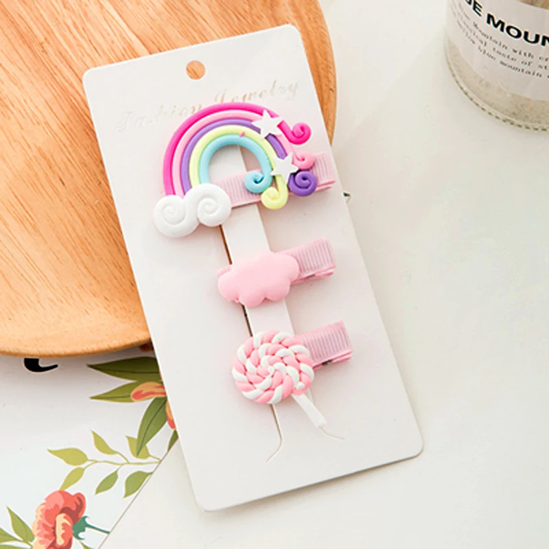 Дизайнерские заколки для волос 3 шт. Мультяшные облака леденец радуга девочек