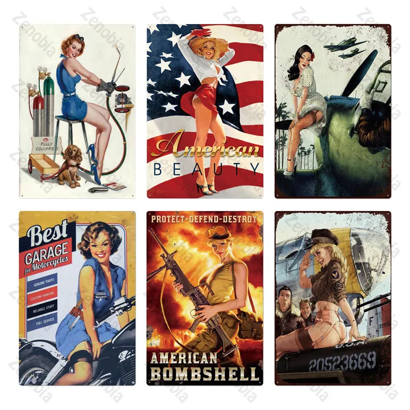 С изображением девушке в стиле пин ап Оловянная табличка металлический Винтаж