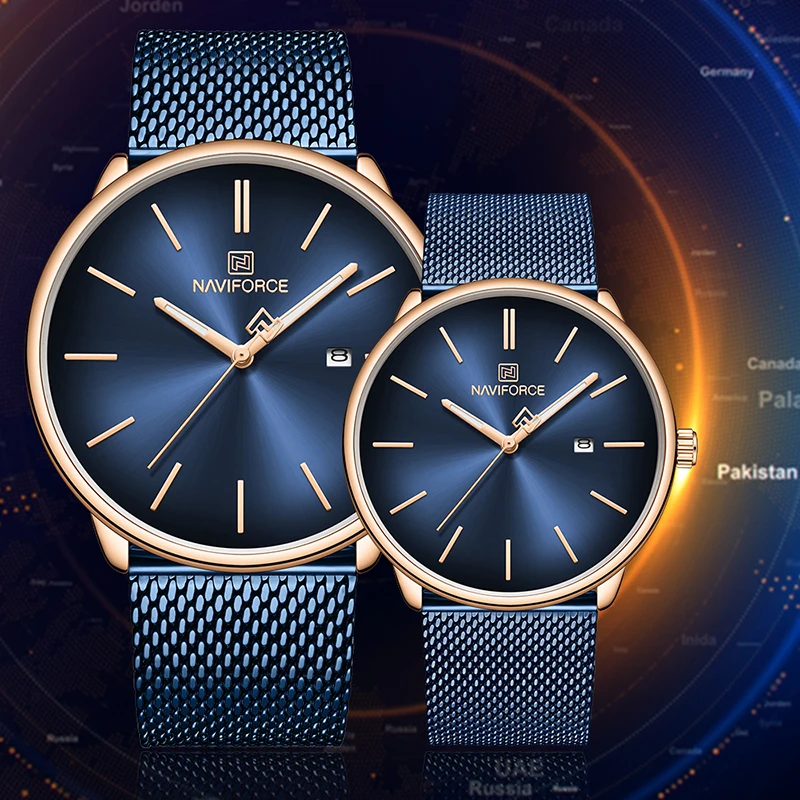 Часы NAVIFORCE наручные для влюбленных пар модные повседневные стальные с сетчатым