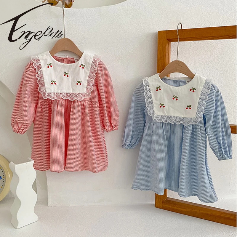 

Korean Children's Spring Dress 2022 Girl's Dress Embroidered Cherry Children's Plaid Princess Baby Girl Dresses