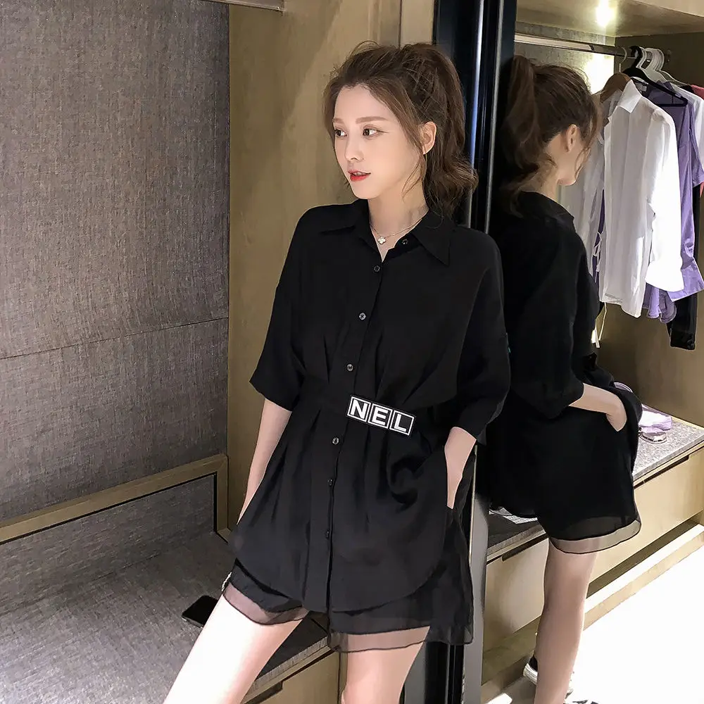 2021 summer new women's French tencel shirt with wide-leg shorts, light familiar niche two-piece suit