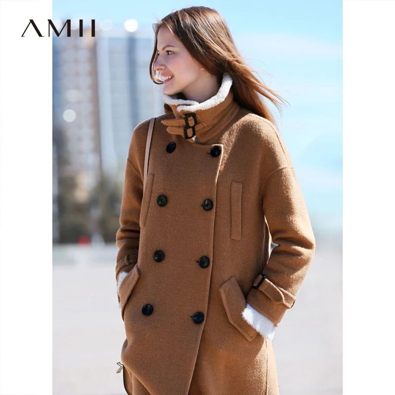 

Amii Minimalist Double Breasted Woolen Coat Winter Women Lapel Solid Loose Female Long Jackets 11840267