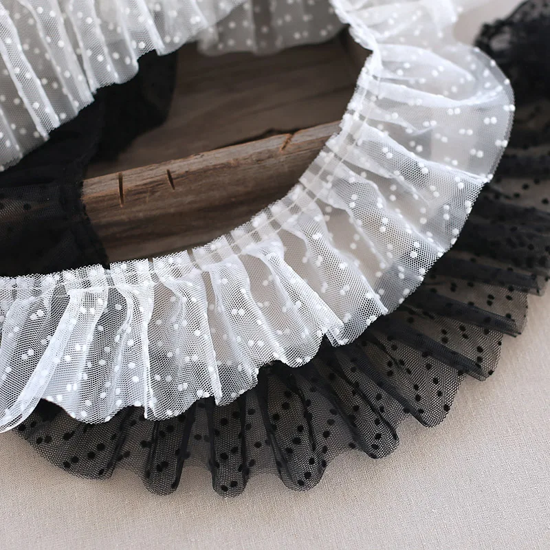 

1M Pleated Double Layer Lace Fabric Wide 8cm Dot Trim Applique Collar Ribbon Sewing Guipure Crafts Mesh Laces For Dress dentelle